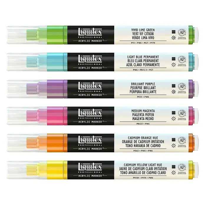 Liquitex Professional Set markers - 6 st., Levendige kleuren, 2 mm, Rechthoekige punt - Top-down weergave