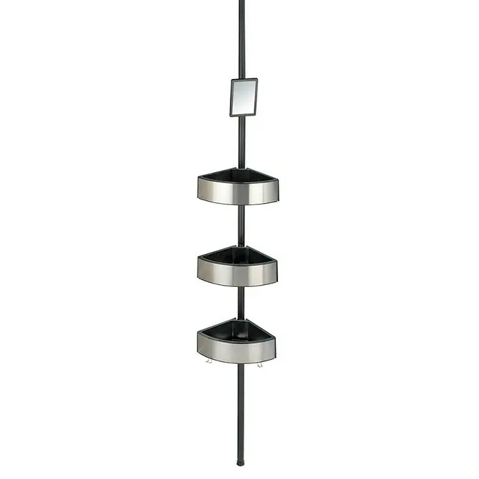 Wenko Teleskopski kutni stalak za kupaonsku galanteriju - Podešavanje po visini: 70 cm - 260 cm, 3-katno, Plemeniti čelik-crne boje - Pogled sprijeda
