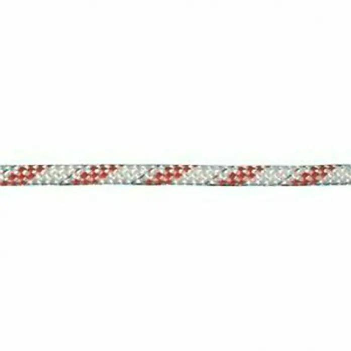 Seilflechter Cabo a metros Atlantik compakt - Diámetro: 5 mm, Blanco/Rojo, Poliéster - Primer plano de una cuerda trenzada roja y blanca, que se muestra horizontalmente a través de la imagen, destacando su textura detallada.