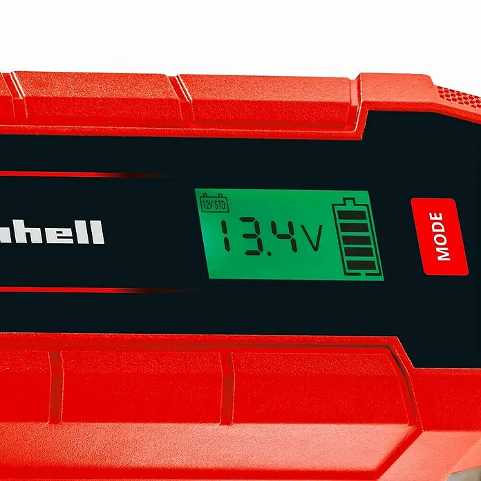 Einhell Punjač akumulatora sa klemama  CE-BC 6M - 12 V, Maksimalna snaga opterećenja: 6 A - Prikaz punjača baterija Einhell s digitalnim zaslonom koji prikazuje 13,4 V i punu razinu napunjenosti.