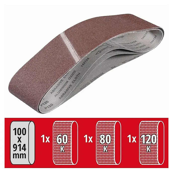 Einhell Brusni remen - 914 x 100 mm, Granulacija: 60/80/120, 3 Kom. - Pogled sprijeda