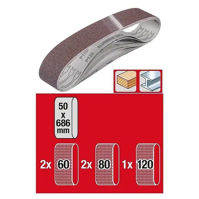 Einhell Schleifband - 686 x 50 mm, Körnung: 60/80/120, 5 -tlg. - Vorderansicht