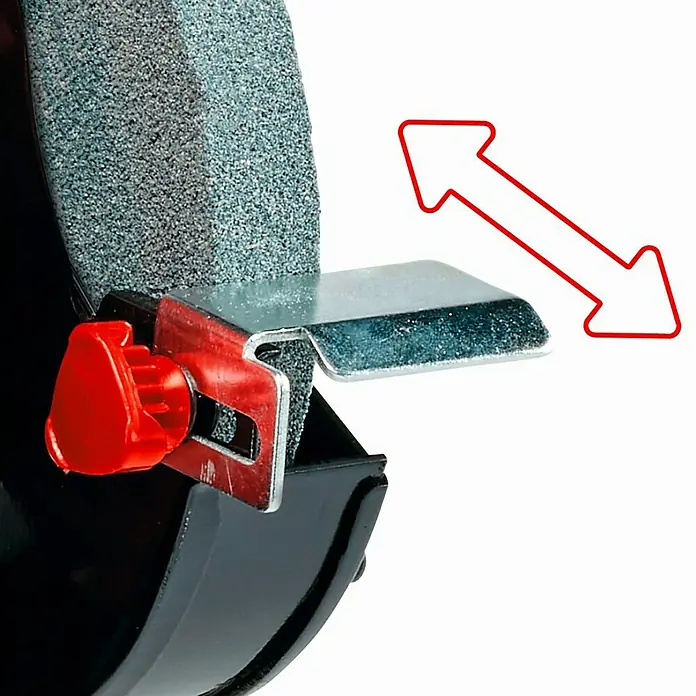 Einhell Esmeriladora en seco y en húmedo TC-WD 200/150 - 170 W, Diámetro muela abrasiva: 150 mm, 2.980 r.p.m. - Primer plano de una rectificadora con una flecha que destaca la capacidad de ajuste del soporte de la pieza.