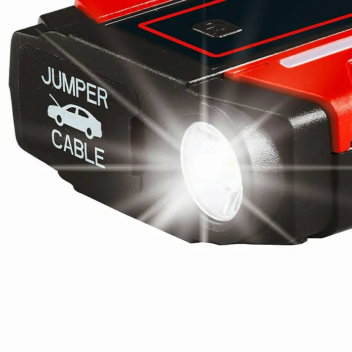 Einhell Kit de arranque CE-JS 8 - 12 V, Corriente máx. de carga: 400 A - Primer plano de un arrancador portátil con luz LED integrada y la leyenda "Jumper Cable".