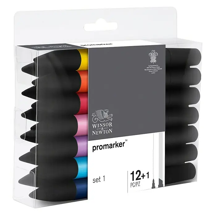 Winsor & Newton Promarker-Set - Farbig sortiert, 12 -tlg., 2 Spitzen - Diagonale Ansicht