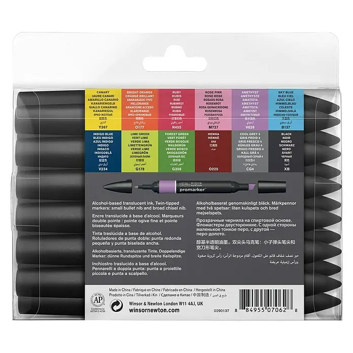 Winsor & Newton Promarker-Set - Farbig sortiert, 12 -tlg., 2 Spitzen - Rückansicht