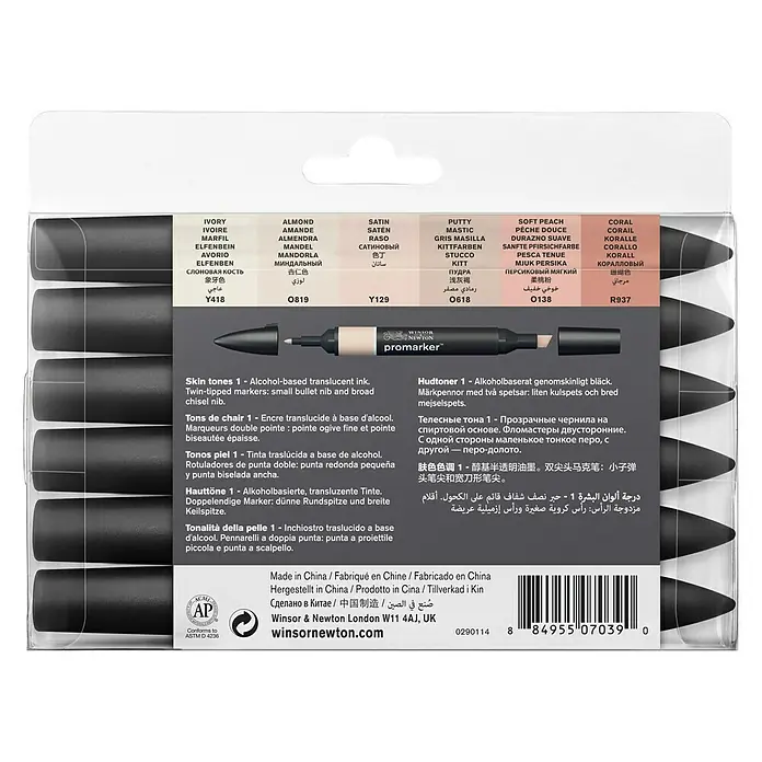 Winsor & Newton Promarker-Set - Skin Töne, 6 -tlg., 2 Spitzen - Rückansicht