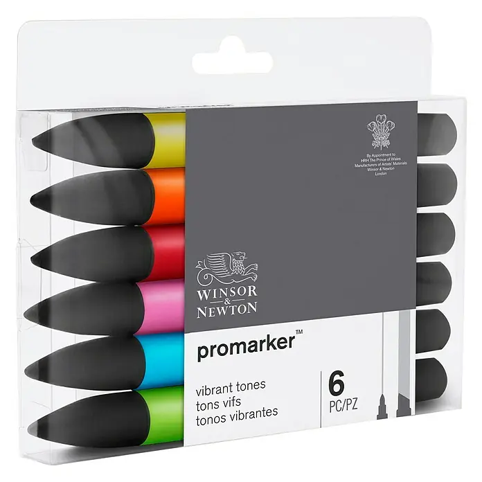 Winsor & Newton Promarker-Set - Lebendige Töne, 6 -tlg., 2 Spitzen - Diagonale Ansicht