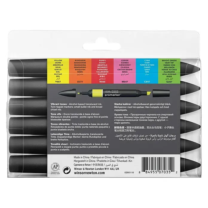 Winsor & Newton Promarker-Set - Lebendige Töne, 6 -tlg., 2 Spitzen - Rückansicht