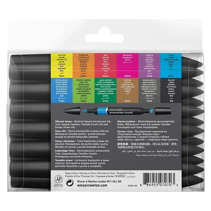 Winsor & Newton Brushmarker-Set - Lebendige Farben, 12 -tlg. - Rückansicht