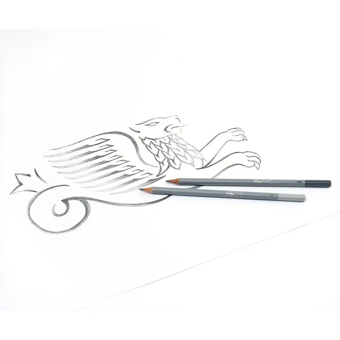 Winsor & Newton Bleistift-Set - 6 -tlg., Grau - Das Bild zeigt eine Bleistiftzeichnung eines Fabelwesens mit Flügeln und zwei grauen Bleistiften in den Stärken H und 5B.