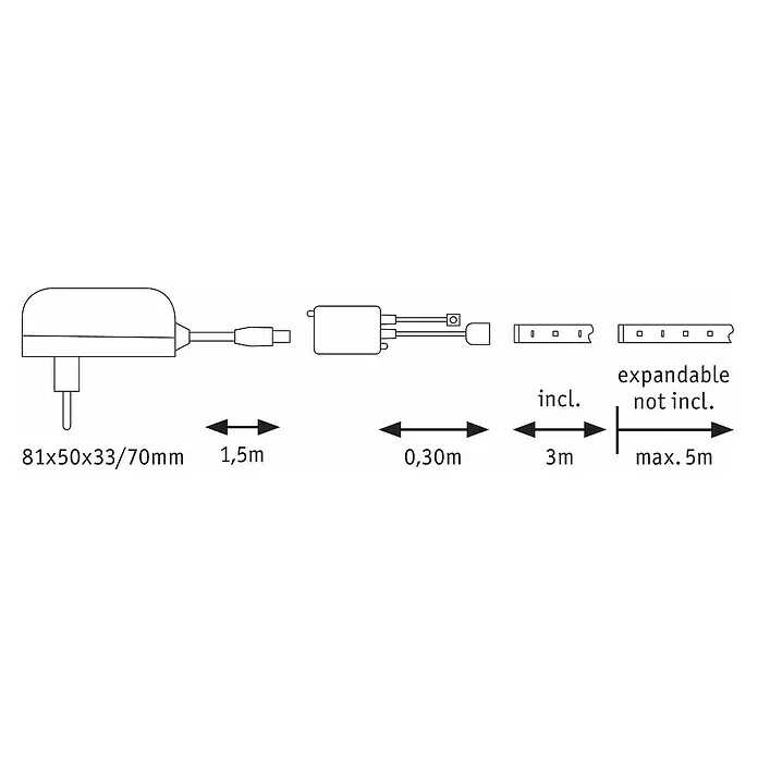 Paulmann Tiras de LED Set básico YourLED ECO - 3 m, RGB, 21,6 W - Dibujo técnico