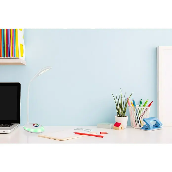 Globo LED-Tischleuchte Minea - 4,4 W, L x B x H: 30 x 11 x 48 cm, Weiß, Transparent, Neutralweiß - Schreibtischlampe mit LED-Beleuchtung für den Arbeitsplatz, kombiniert mit Büroaccessoires für einen organisierten Arbeitsbereich.