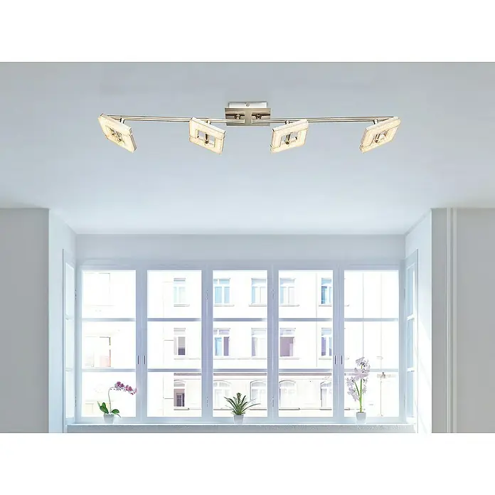 Tween Light LED mennyezeti reflektor Square Crystal - 16 W, Matt nikkel, fehér, átlátszó, Meleg fehér - Mennyezeti lámpa négyzet alakú spotlámpákkal egy világos szobában nagy ablakkal, hatékonyan elosztva a fényt.