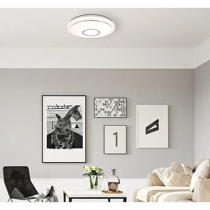 Lavida Okrugla stropna LED svjetiljka - 16 W, Ø x V: 400 mm x 8 cm, Bijele boje - Moderna, okrugla stropna svjetiljka elegantnog dizajna i jarkog svjetla postavljena je u elegantnom dnevnom boravku.
