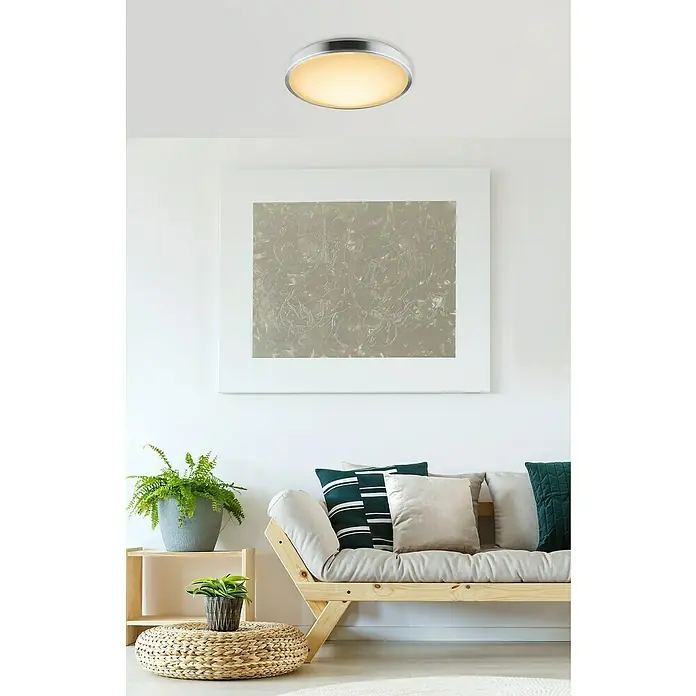 Lavida Led-plafondlamp, rond Forli - 18 W, Ø x h: 350 mm x 10 cm, Wit - Moderne LED-plafondlamp met een ronde vorm en zilveren rand, die een warme, uitnodigende gloed geeft in een stijlvolle woonruimte.