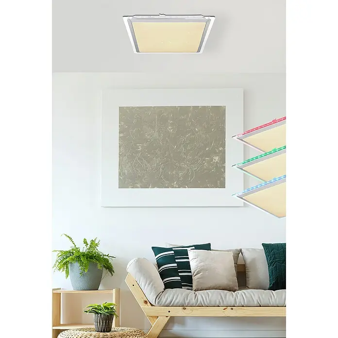 Globo LED-Deckenleuchte Rena - 30 W, L x B x H: 44,5 x 44,5 x 7,5 cm, Chrom - Quadratische Deckenleuchte mit silbernem Rahmen und zusätzlichen Farboptionen, die modernes Design und funktionale Beleuchtung vereint.
