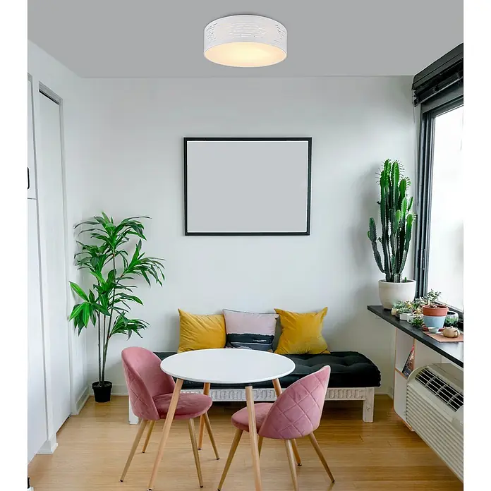 Globo LED-Deckenleuchte rund Barca - Ø x H: 380 mm x 13 cm, Weiß - Eine moderne, runde Deckenleuchte in Weiß mit einem dekorativen Muster, die ein helles und einladendes Licht in den Raum wirft.