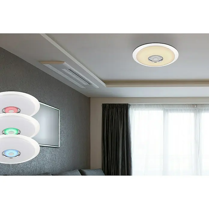Globo LED-Deckenleuchte rund Tune - 36 W, Ø x H: 600 mm x 6,1 cm, RGB - Eine moderne LED-Deckenleuchte mit Farbwechsel und integriertem Lautsprecher, ideal für stimmungsvolle Beleuchtung und Musikgenuss.
