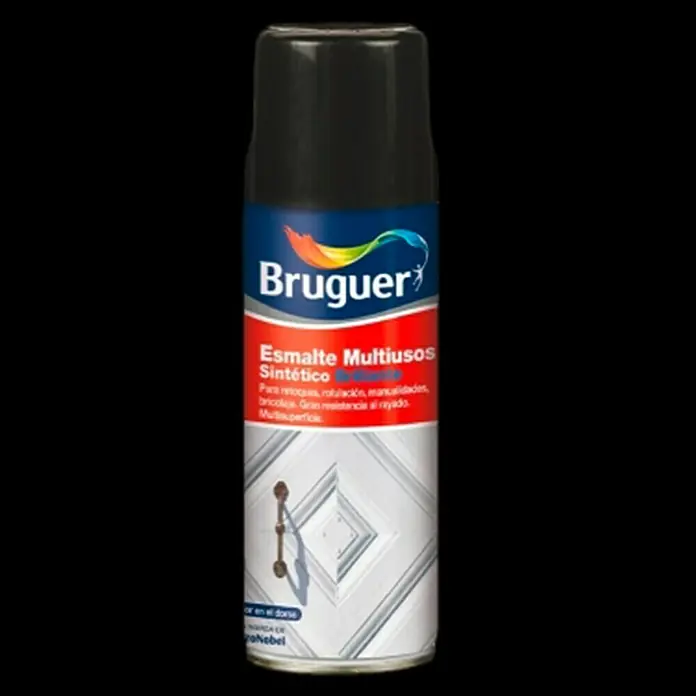 Bruguer Spray esmalte Multiusos - Negro, Brillante, 400 ml - Imagen de un aerosol de esmalte sintético Multiuso de Bruguer. Ideal para renovaciones y reparaciones, con alta resistencia al rayado.