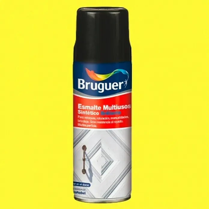 Bruguer Spray esmalte Multiusos - Amarillo limón, Brillante, 400 ml - Imagen de una lata de aerosol negra Bruguer con esmalte multiuso para aplicaciones versátiles y resultados duraderos.