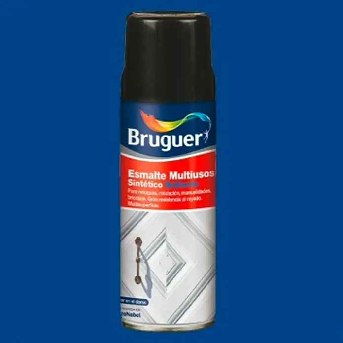 Bruguer Spray esmalte Multiusos - Azul luminoso, Brillante, 400 ml - Imagen de una lata de esmalte sintético multiusos Bruguer, ideal para retoques, rotulación y manualidades.