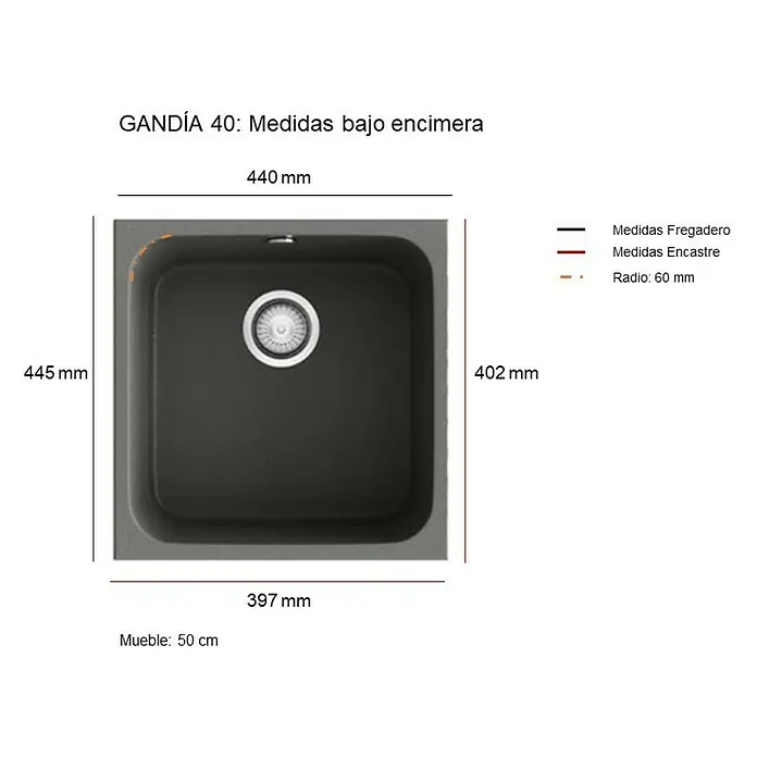 Poalgi Fregadero encastrable Gandía 40 - 44,5 x 44 cm, Gelcoat, Negro - Dibujo técnico