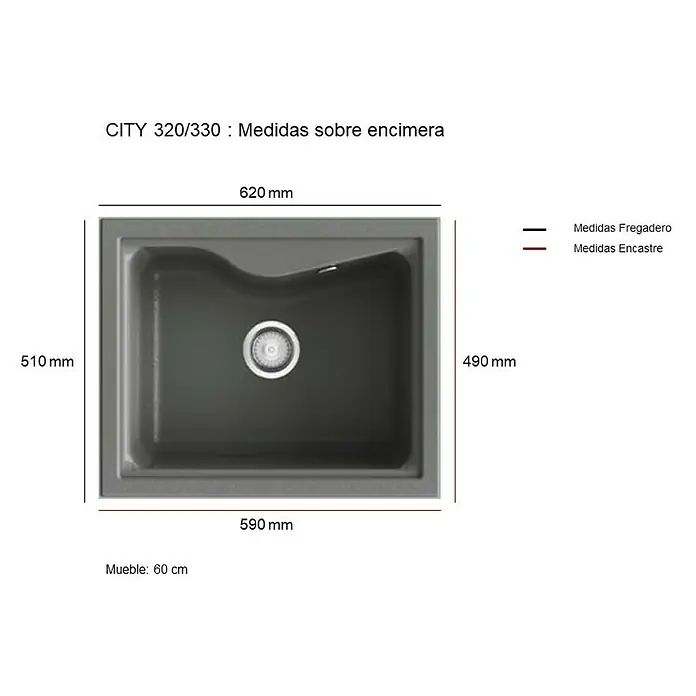 Poalgi Fregadero encastrable City 320 - 51 x 62 cm, Gelcoat, Concret - Dibujo técnico
