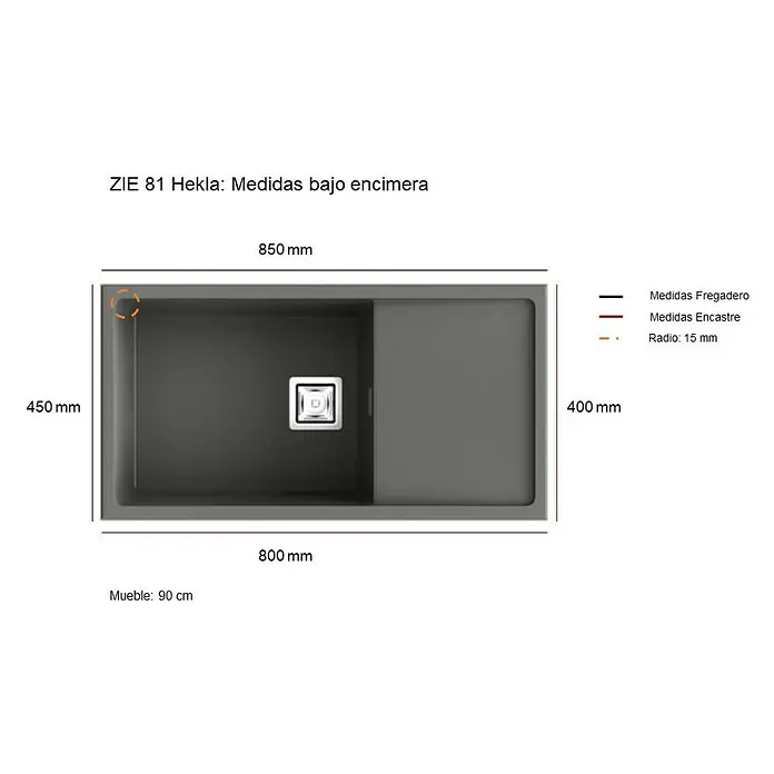 Poalgi Fregadero encastrable Zie Soft 81 - 45 x 85 cm, Gelcoat, Blanco - Dibujo técnico