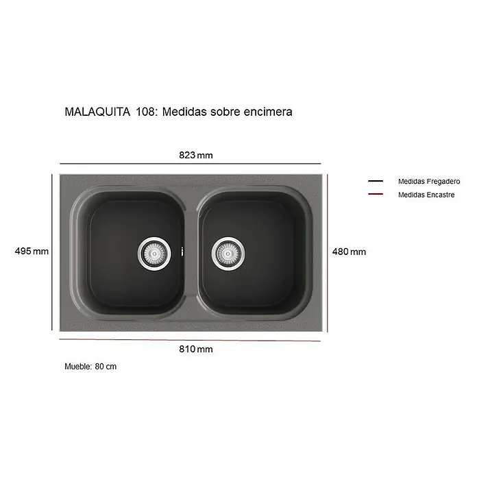 Poalgi Fregadero encastrable Malaquita - 49,5 x 82,3 cm, Gelcoat, Negro - Dibujo técnico