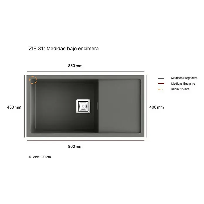 Poalgi Fregadero encastrable Zie 81 - 45 x 85 cm, Gelcoat, Blanco - Dibujo técnico