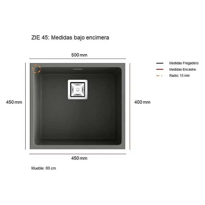 Poalgi Fregadero encastrable Zie 45 - 45 x 50 cm, Gelcoat, Negro - Dibujo técnico