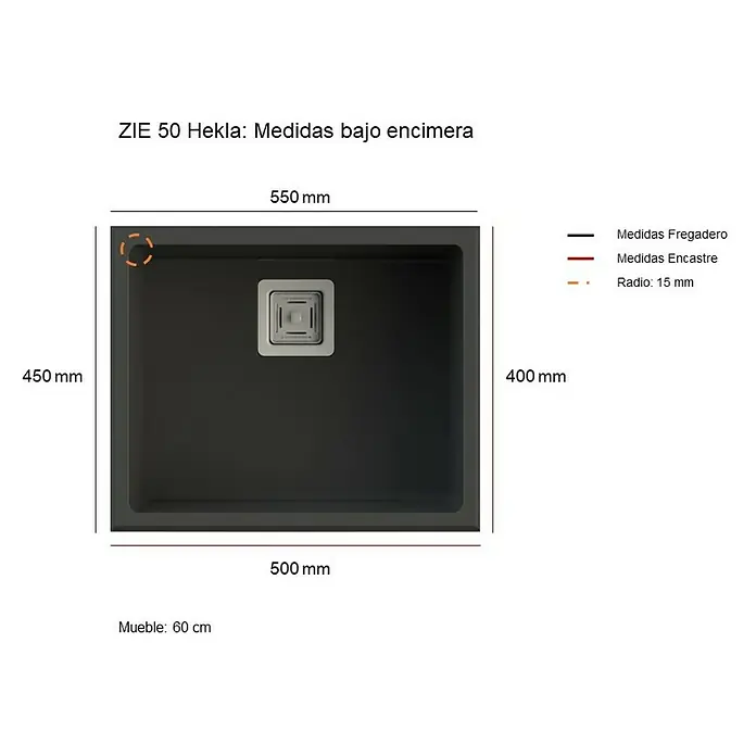 Poalgi Fregadero encastrable Zie Soft 50 - 45 x 55 cm, Gelcoat, Negro - Dibujo técnico