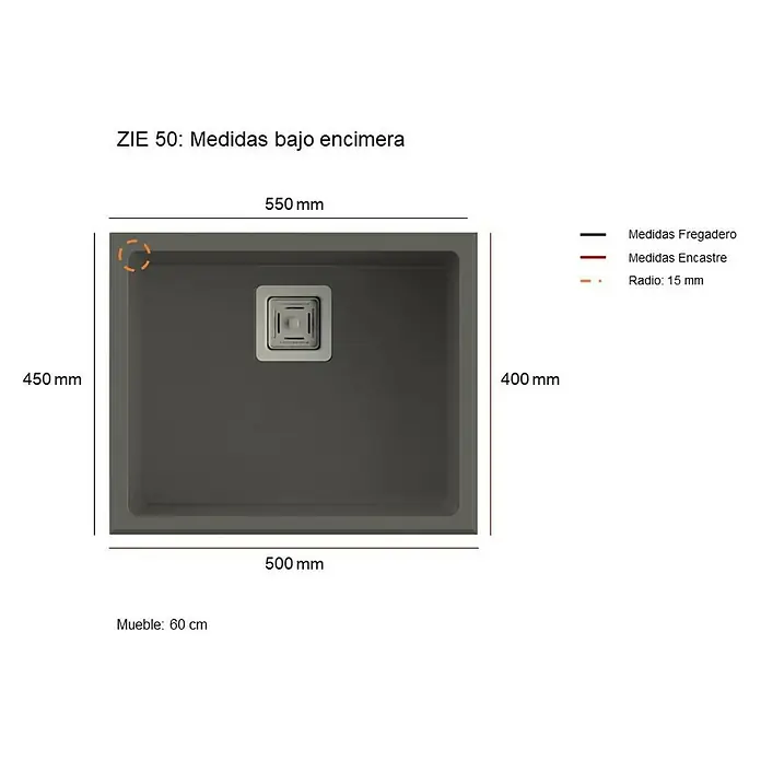 Poalgi Fregadero encastrable Zie 50 - 45 x 55 cm, Gelcoat, Negro - Dibujo técnico