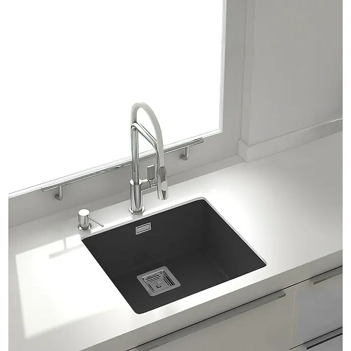 Poalgi Fregadero encastrable Zie 45 - 45 x 50 cm, Gelcoat, Negro - Fregadero negro con grifo y dispensador de jabón. El diseño moderno es un activo para cualquier cocina.