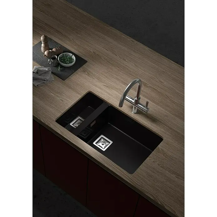 Poalgi Fregadero encastrable Zie 70 - 45 x 75 cm, 1½ cubeta, Gelcoat, Negro - Fregadero de cocina moderno con grifo y encimera de madera, ideal para cocinas elegantes. Práctico y elegante.