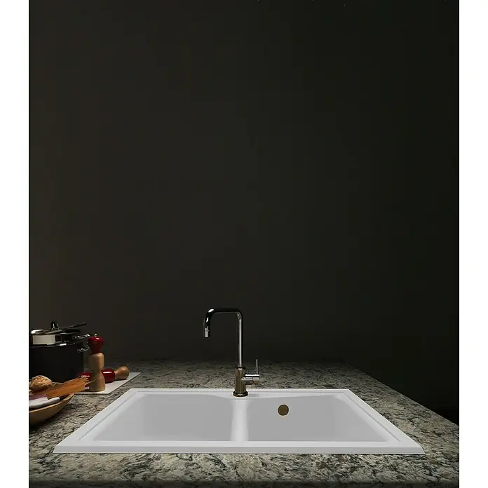 Poalgi Fregadero encastrable City 322 Soft 2S - 51 x 86 cm, Gelcoat, Blanco - Fregadero de cocina de material compuesto blanco con doble cubeta y grifo cromado sobre encimera de granito, con accesorios.