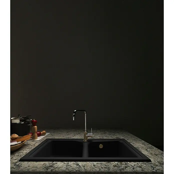 Poalgi Fregadero encastrable City 322 Soft 2S - 51 x 86 cm, Gelcoat, Negro - Fregadero doble negro con elegante grifo sobre encimera estampada.