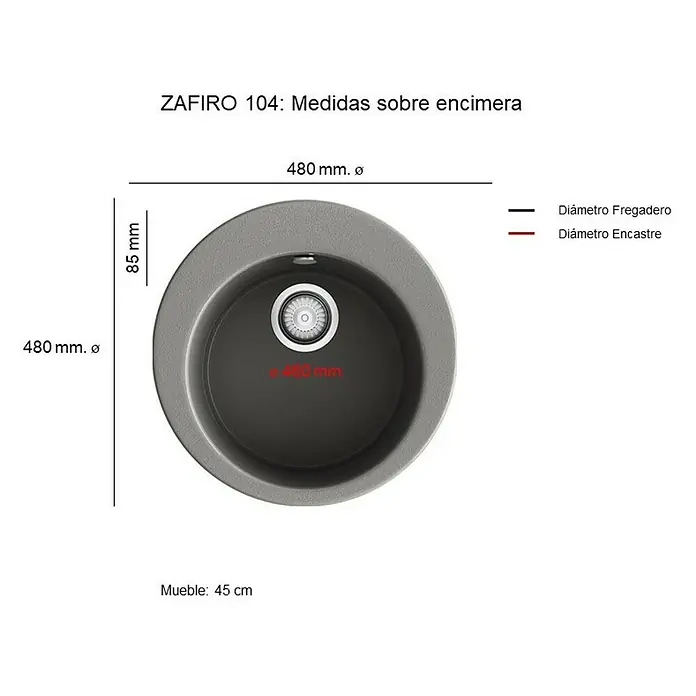 Poalgi Fregadero encastrable Zafiro - 48 x 48 cm, Gelcoat, Concret - Dibujo técnico