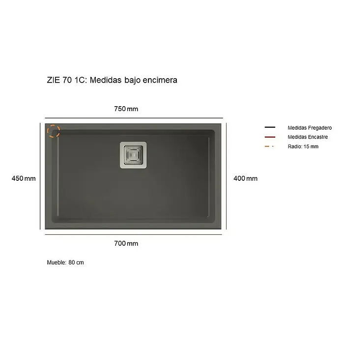 Poalgi Fregadero encastrable Zie 70 - 45 x 75 cm, 1 cubeta, Gelcoat, Gris - Dibujo técnico