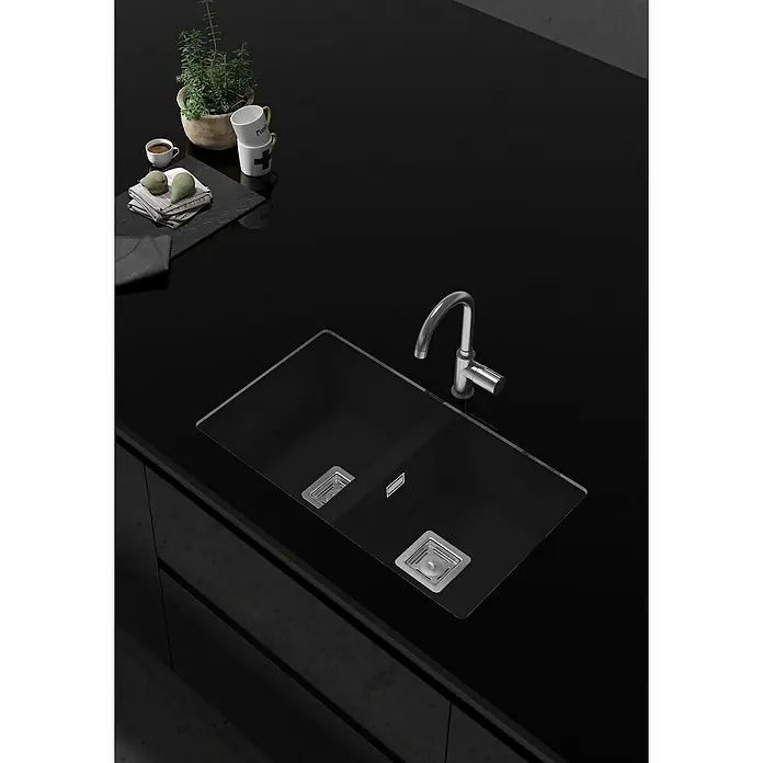 Poalgi Fregadero encastrable Zie 70 - 45 x 75 cm, 2 cubetas, Gelcoat, Negro - Elegante fregadero negro de doble cubeta con grifo moderno, perfecto para una cocina con estilo.