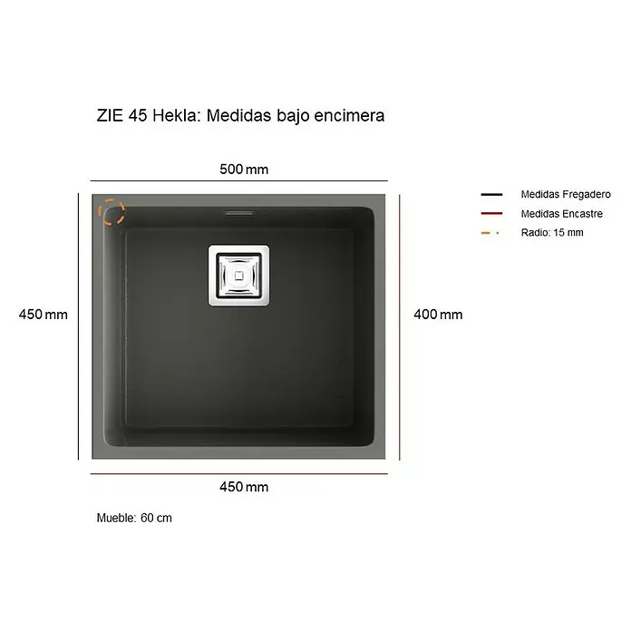 Poalgi Fregadero encastrable Zie Soft 45 - 45 x 50 cm, Gelcoat, Blanco - Dibujo técnico