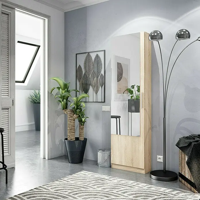 Zapatero Kristal - L x An x Al: 22 x 50 x 180 cm, Blanco/Roble, Espejo - Un interior moderno con un espejo elegante con marco de madera, que añade un toque de calidez y estilo a la estancia.