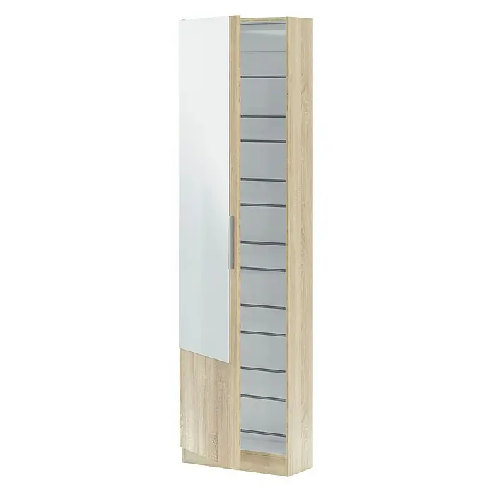 Zapatero Kristal - L x An x Al: 22 x 50 x 180 cm, Blanco/Roble, Espejo - Vista angular