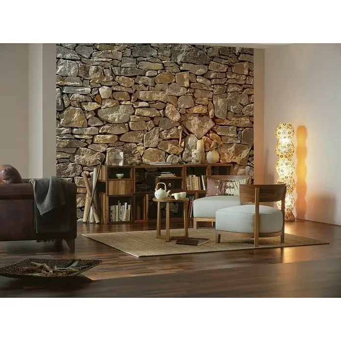 Komar Imagine Edition 3 - Stories Foto tapeta Stone Wall - 8 -dij., Š x V: 368 x 254 cm, Papir - Dnevni boravak s kamenim zidom, smeđom kožnom sofom, tepihom, stolićem i neobičnom sjenilom.