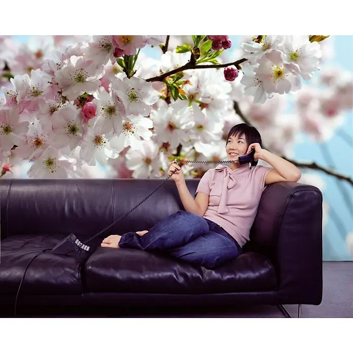 Komar Imagine Edition 3 - Stories Foto tapeta Spring - 8 -dij., Š x V: 368 x 254 cm, Papir - Žena se opušta na kožnom kauču dok razgovara na žičani telefon. U pozadini su trešnjini cvjetovi.