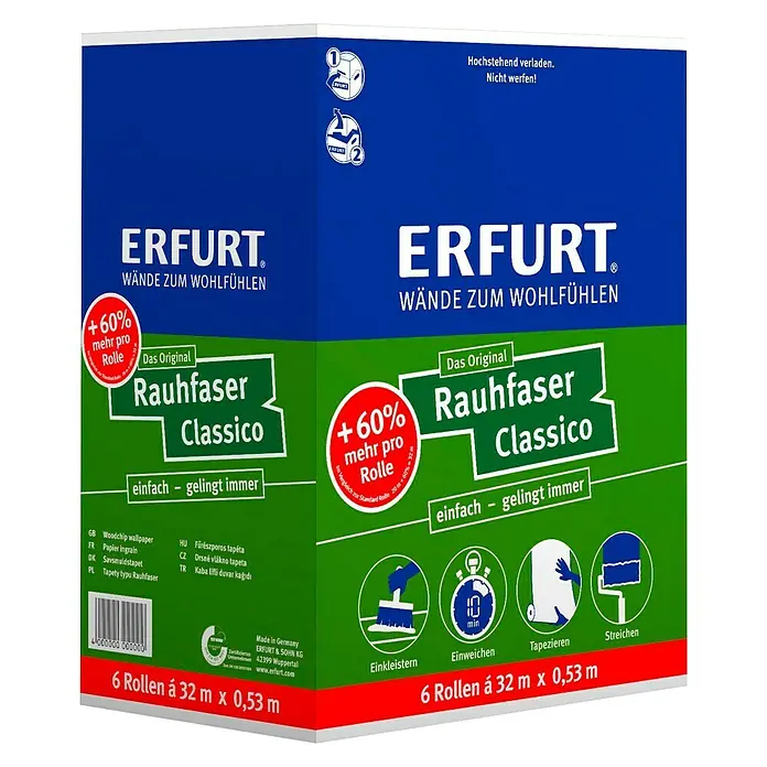 Erfurt Classico Raufasertapete +60 % - Korngröße: Mittel, 32 x 0,53 m, Weiß - Diagonale Ansicht