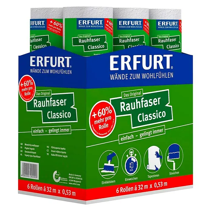 Erfurt Classico Raufasertapete +60 % - Korngröße: Mittel, 32 x 0,53 m, Weiß - Diagonale Ansicht