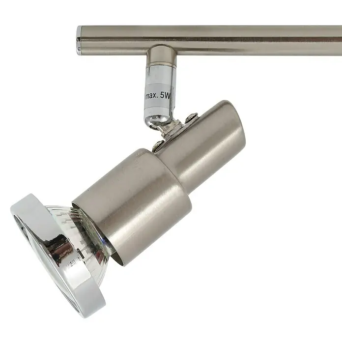 Tween Light LED-Deckenstrahler - 3 W, L x B x H: 475 x 80 x 120 mm, Nickel matt, Anzahl Leuchtmittel: 3 Stk. - Nahaufnahme einer modernen LED-Spotleuchte mit Chromdetails und einer silberfarbenen Schiene.