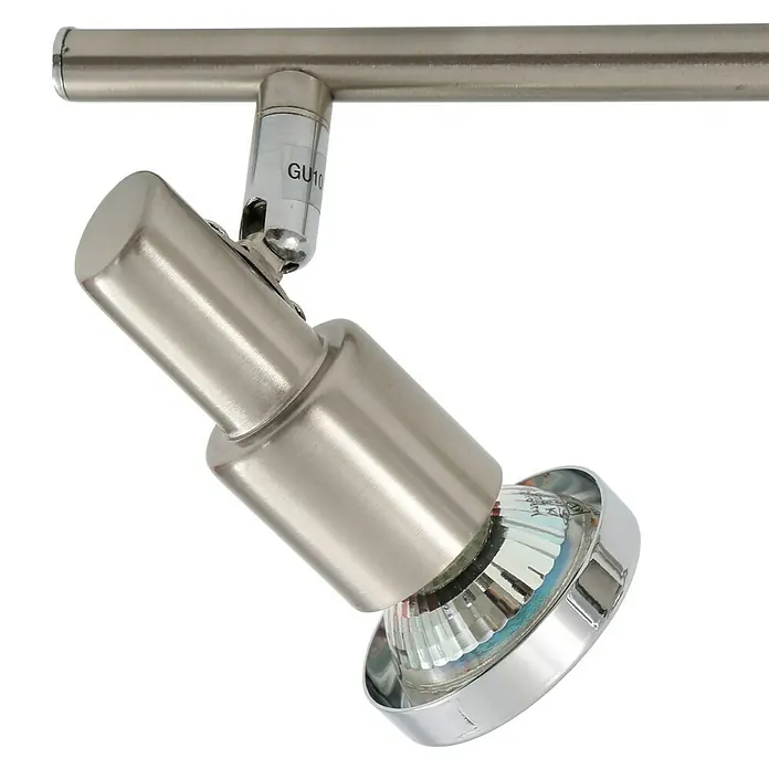 Tween Light LED-Deckenstrahler - 3 W, L x B x H: 275 x 80 x 120 mm, Nickel matt, Anzahl Leuchtmittel: 2 Stk. - Nahaufnahme einer modernen, gebürsteten Nickel-Spotleuchte mit GU10-Fassung, die an einer Metallschiene befestigt ist.